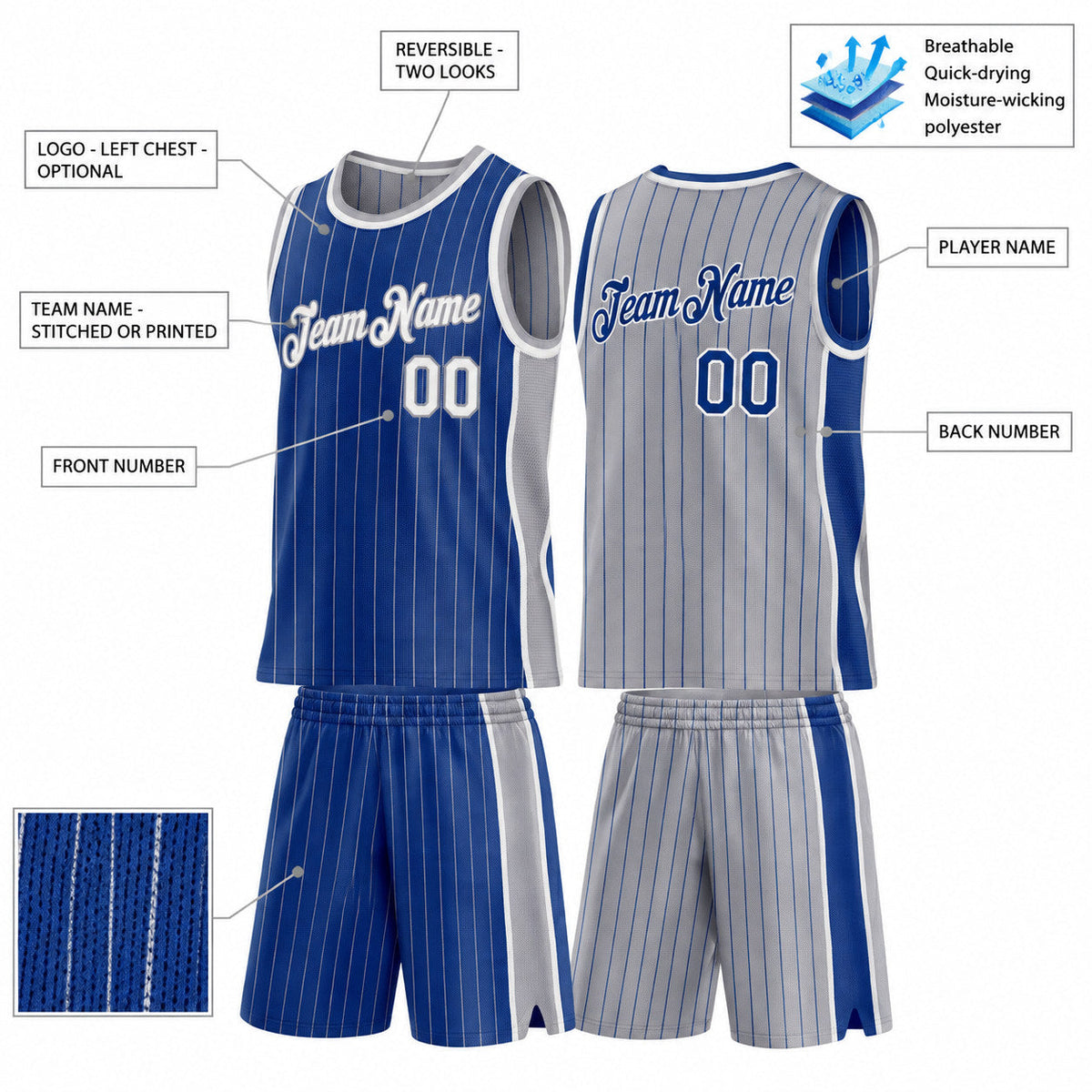 Custom Royal and Gray Side Panels Pinstripe Reversible Basketball Jersey Set with White Lettering customization guide
