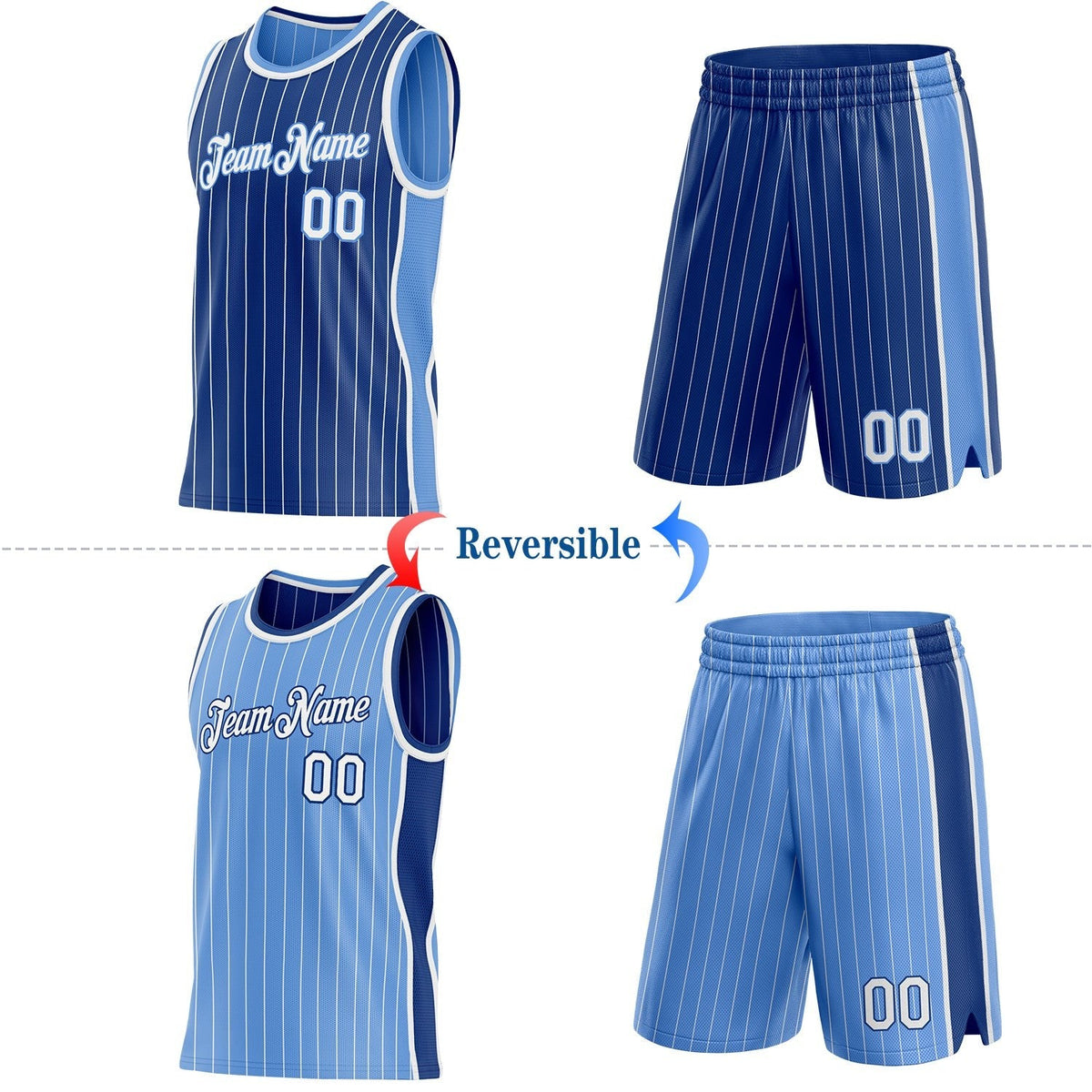 Custom Royal White Pinstripe-Light Blue Side Panels Reversible Double Side Sublimation Basketball Set Jersey photo 2