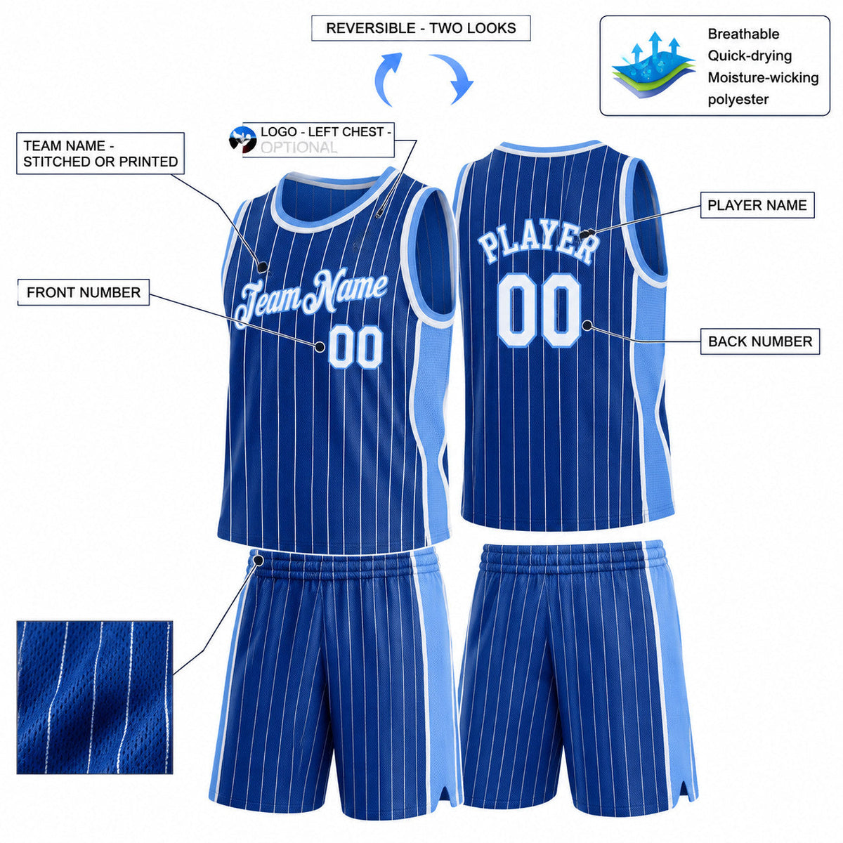 Custom Royal and White Side Panels Basketball Jersey Set with Light Blue Lettering customization guide