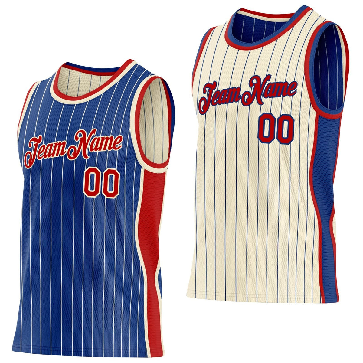 Custom Royal Cream Pinstripe-Red Side Panels Reversible Double Side Sublimation Basketball Set Jersey