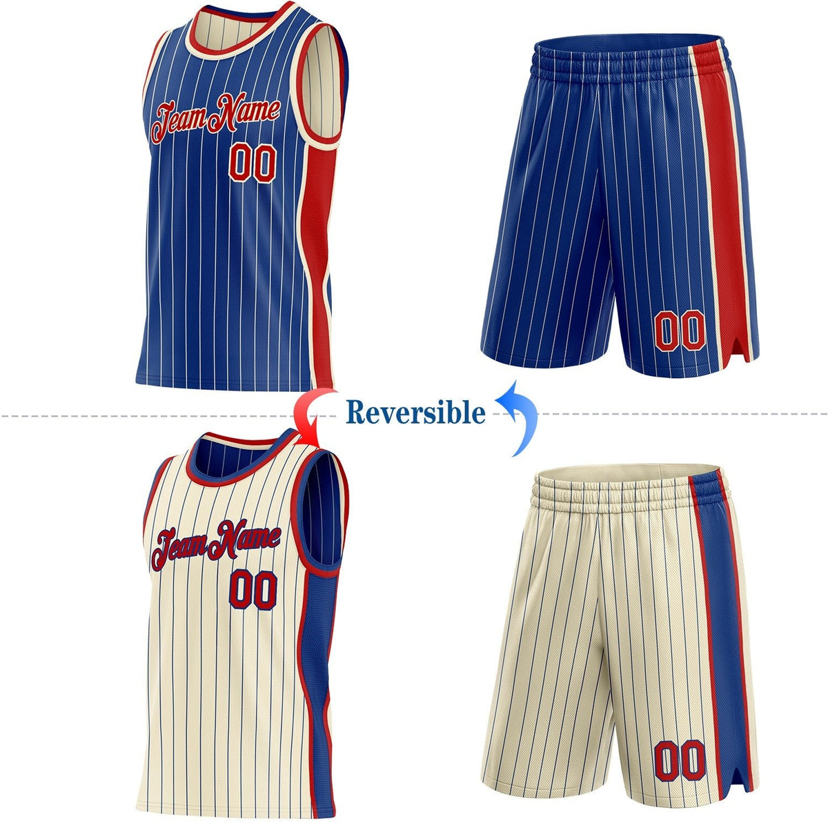 Custom Royal Cream Pinstripe-Red Side Panels Reversible Double Side Sublimation Basketball Set Jersey photo 2