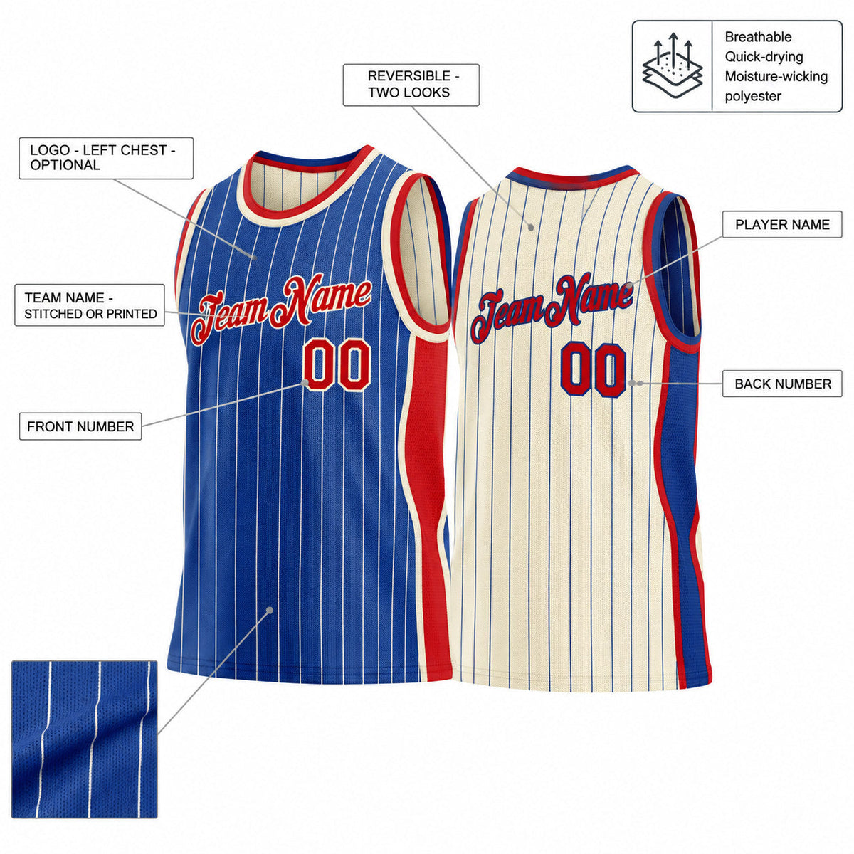 Custom Royal and Cream Side Panels Pinstripe Reversible Basketball Jersey Set with Red Lettering customization guide