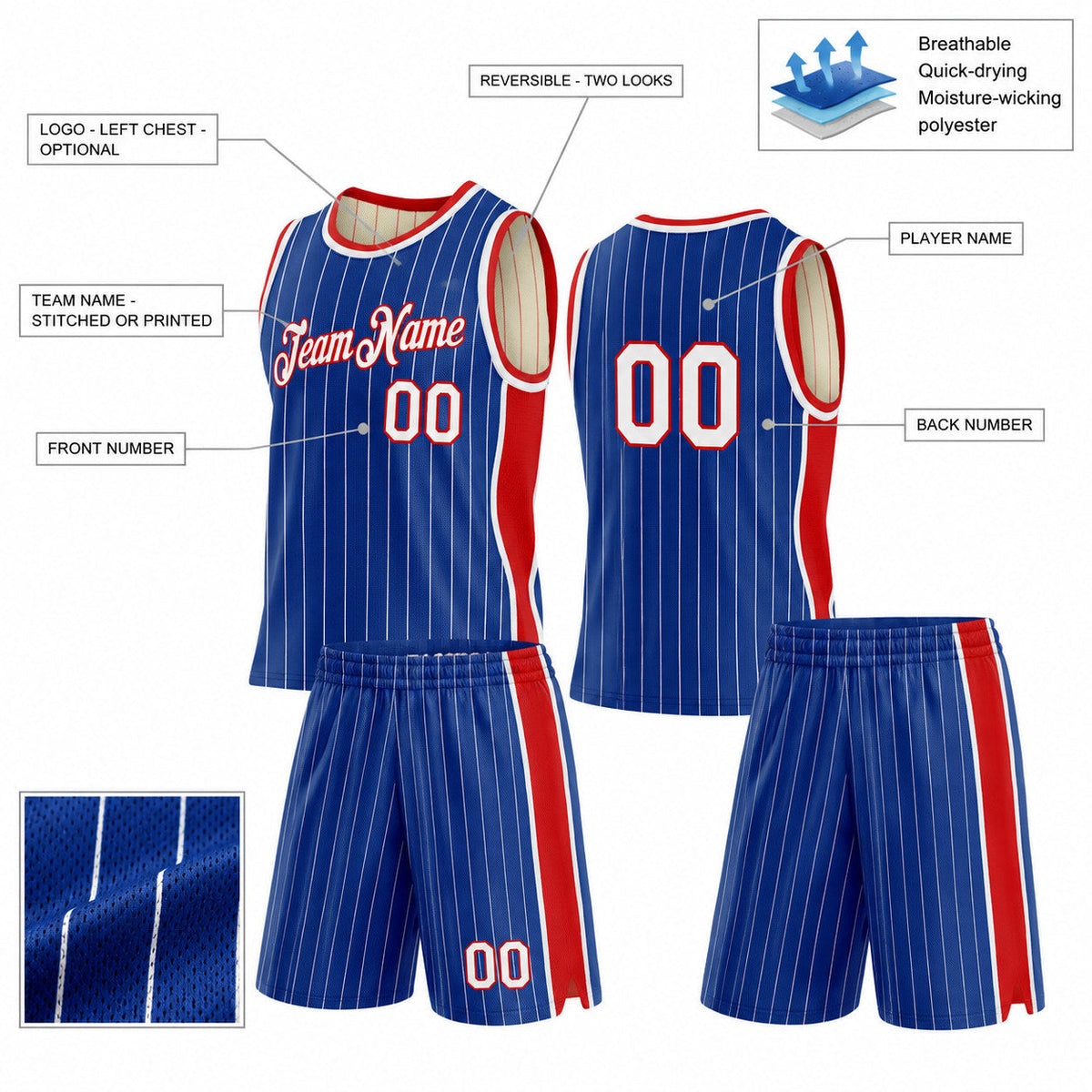 Custom Royal Side Panels Pinstripe Reversible Basketball Jersey Set with White Lettering Design 1012 customization guide