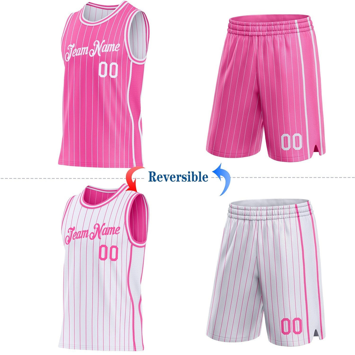 Custom Pink White Pinstripe Side Panels Reversible Double Side Sublimation Basketball Set Jersey photo 2