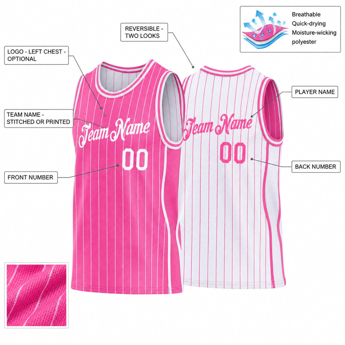 Custom Pink Side Panels Pinstripe Reversible Basketball Jersey Set with White Lettering customization guide