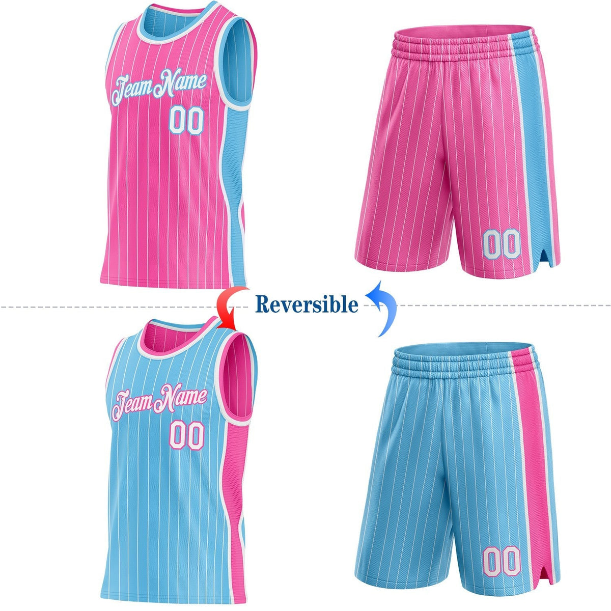 Custom Pink White Pinstripe-Sky Blue Side Panels Reversible Double Side Sublimation Basketball Set Jersey photo 2