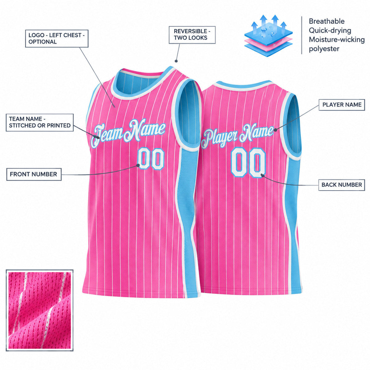 Custom Pink and White Side Panels Pinstripe Reversible Basketball Jersey Set with Sky Blue Lettering customization guide