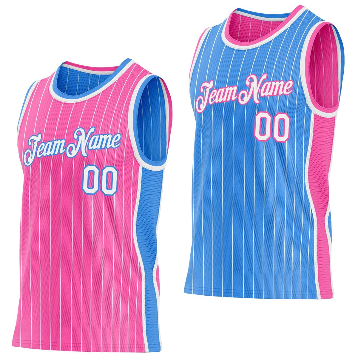 Custom Pink White Pinstripe-Powder Blue Side Panels Reversible Double Side Sublimation Basketball Set Jersey