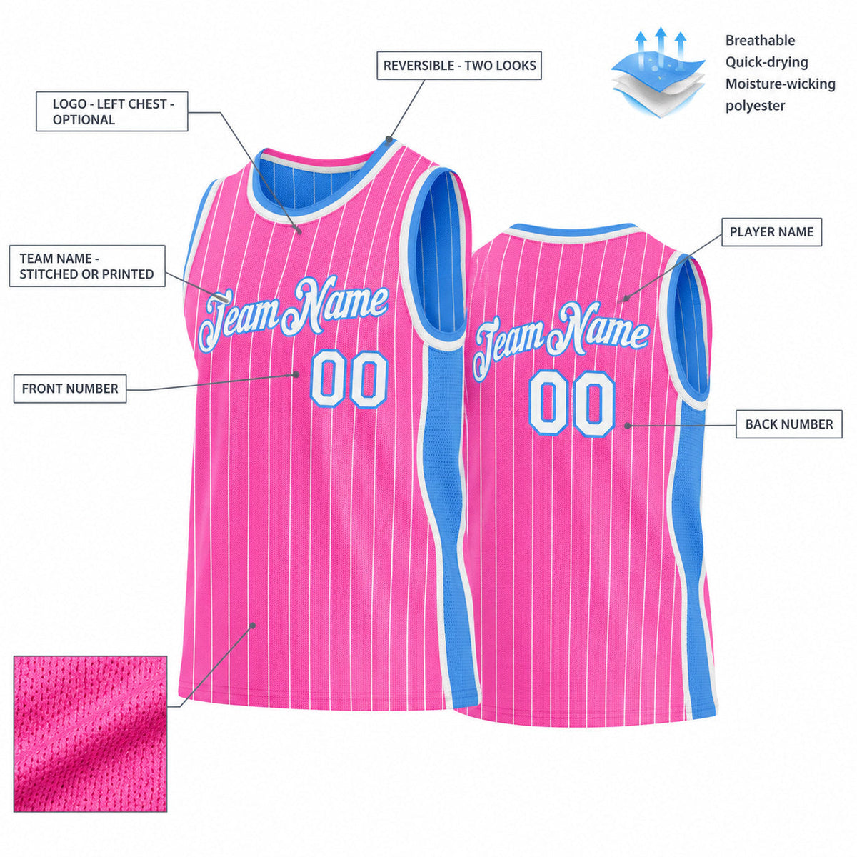 Custom Pink and White Side Panels Basketball Jersey Set with Powder Blue Lettering customization guide