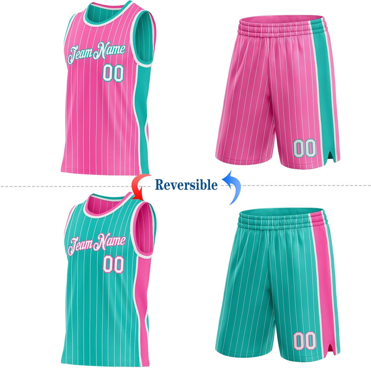 Custom Pink White Pinstripe-Aqua Side Panels Reversible Double Side Sublimation Basketball Set Jersey photo 2
