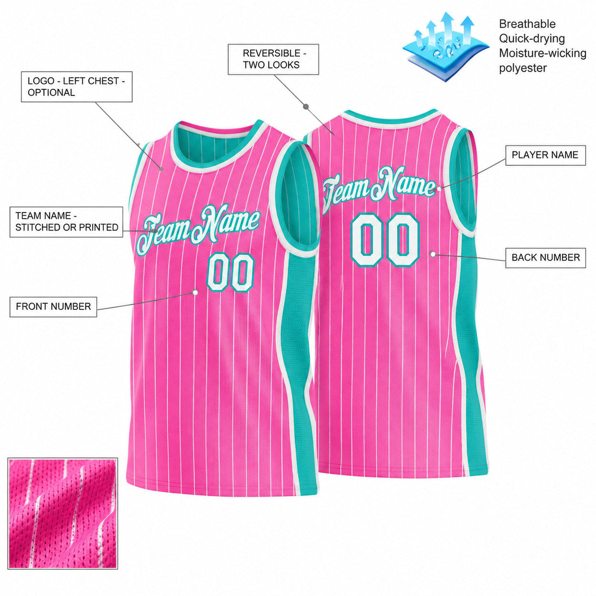 Custom Pink and White Side Panels Pinstripe Reversible Basketball Jersey Set with Aqua Lettering customization guide