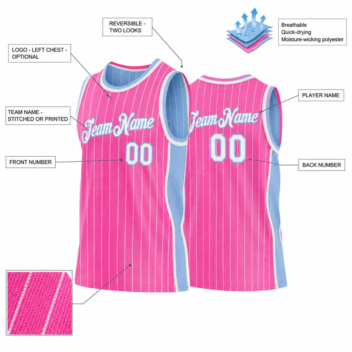 Custom Pink and White Side Panels Basketball Jersey Set with Light Blue Lettering customization guide