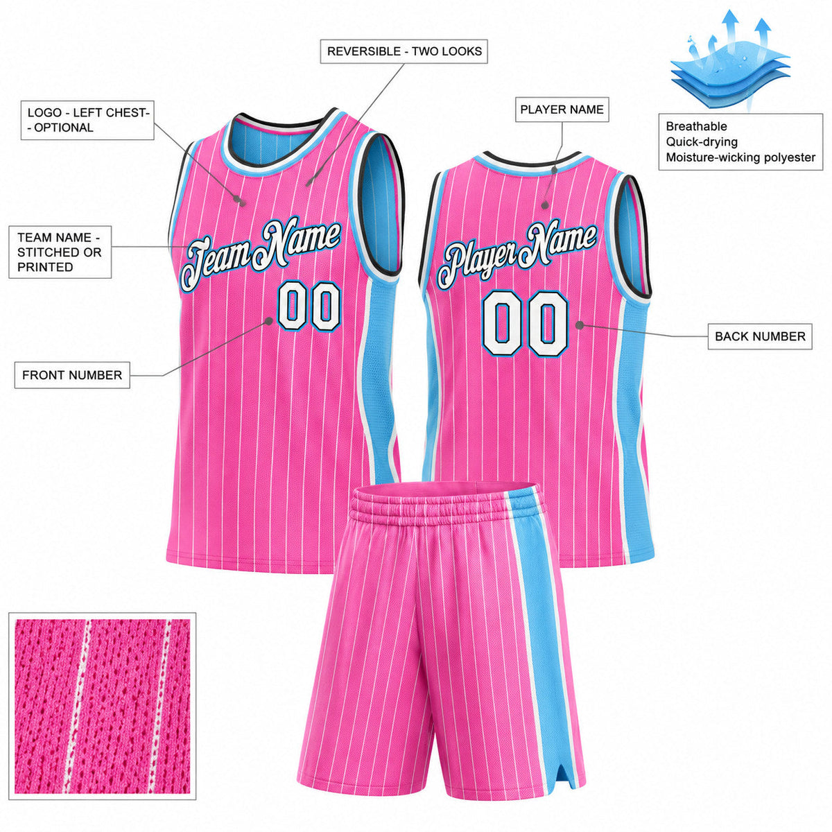 Custom Pink and White Side Panels Basketball Jersey Set with Black and Sky Blue Lettering customization guide