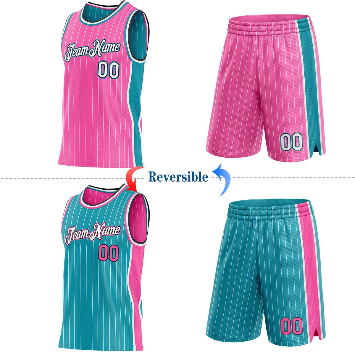 Custom Pink White Pinstripe Black-Teal Side Panels Reversible Double Side Sublimation Basketball Set Jersey photo 2