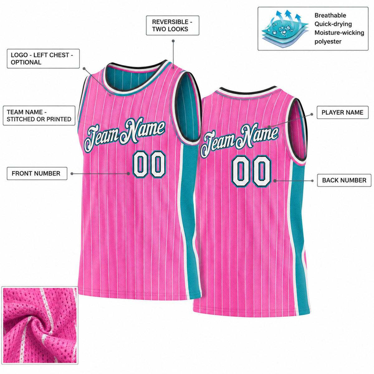 Custom Pink and White Side Panels Basketball Jersey Set with Black and Teal Lettering customization guide