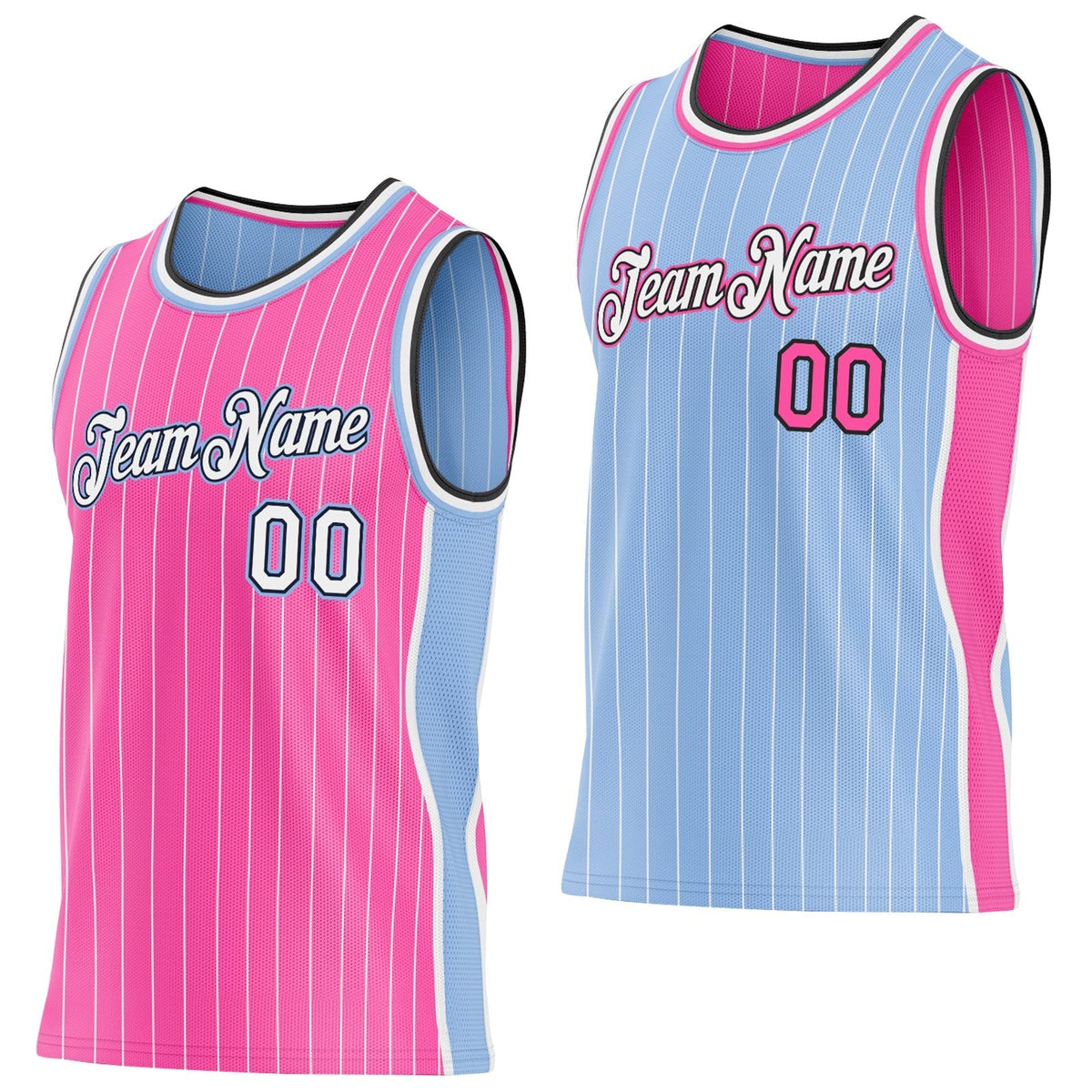 Custom Pink White Pinstripe Black-Light Blue Side Panels Reversible Double Side Sublimation Basketball Set Jersey