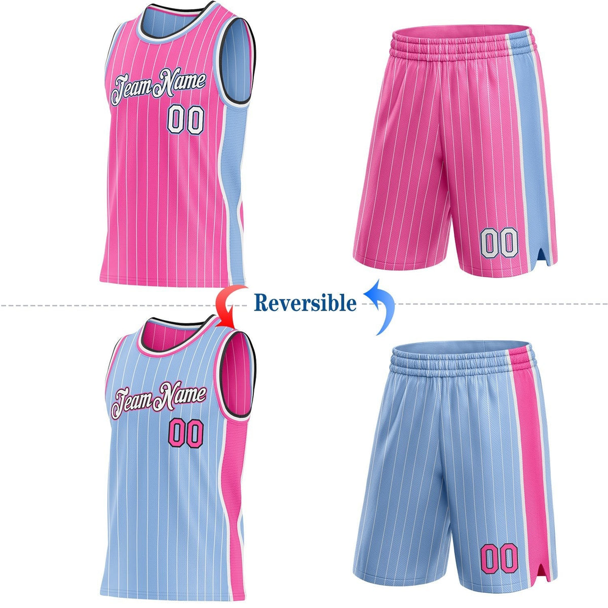 Custom Pink White Pinstripe Black-Light Blue Side Panels Reversible Double Side Sublimation Basketball Set Jersey photo 2