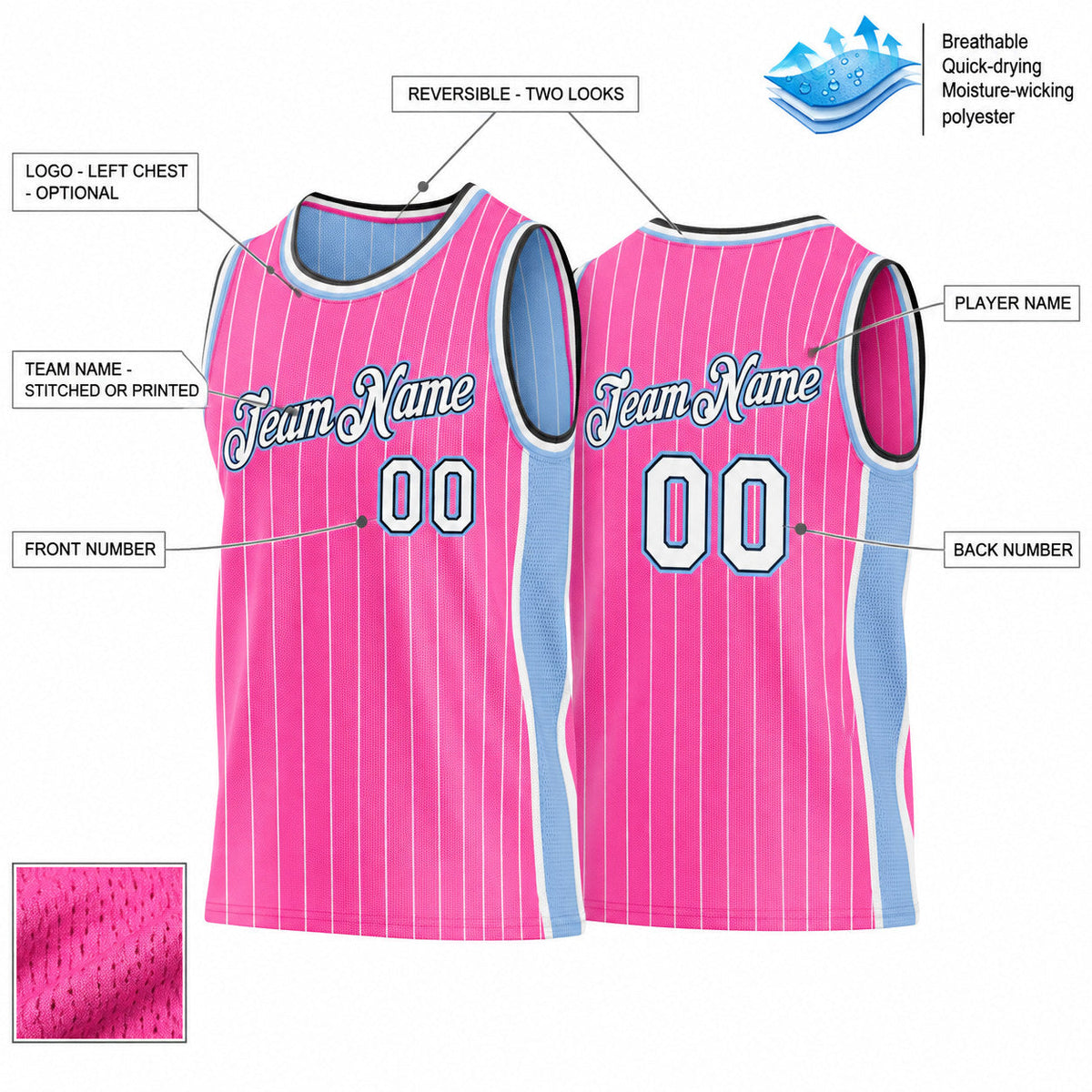 Custom Pink and White Side Panels Basketball Jersey Set with Black and Light Blue Lettering customization guide