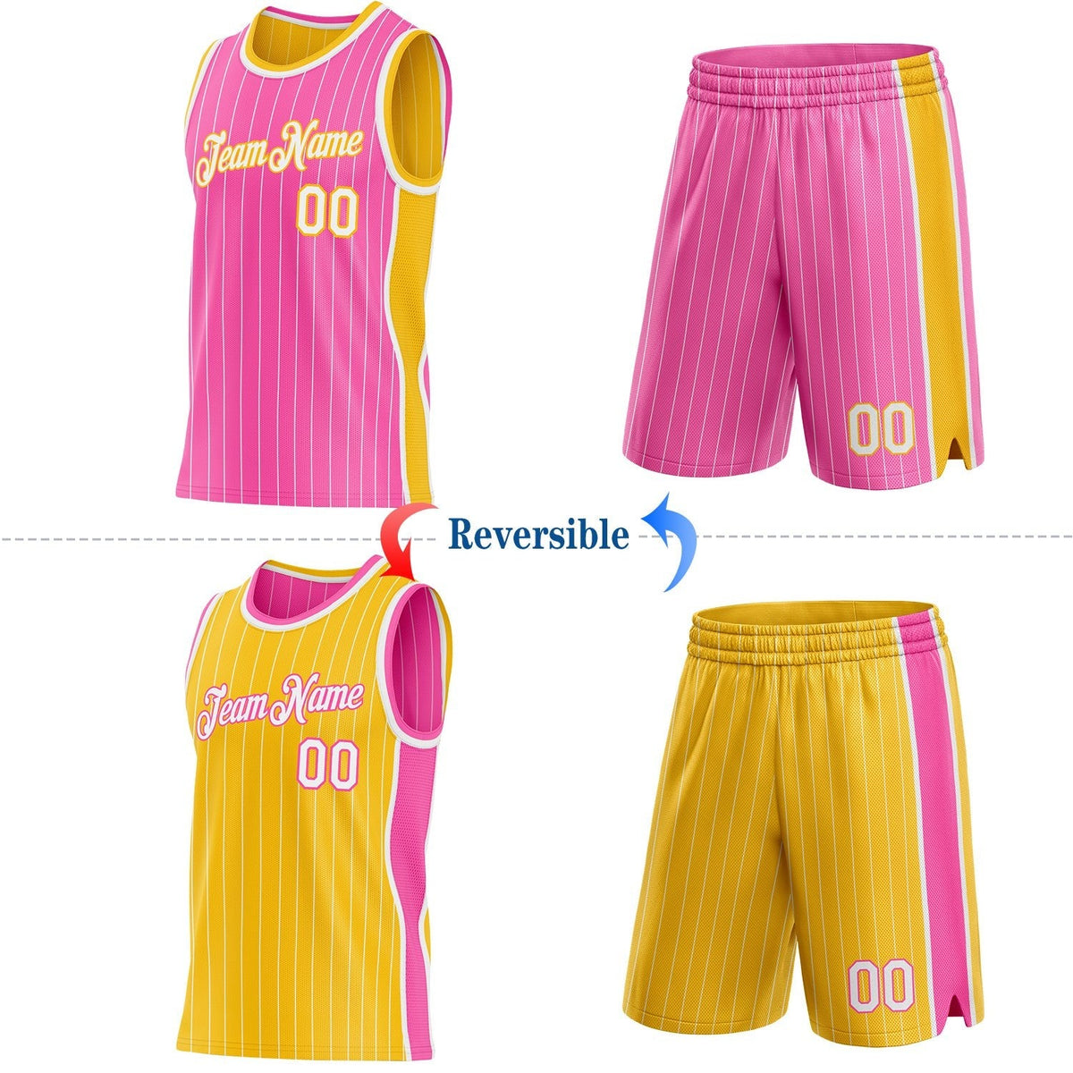 Custom Pink White Pinstripe-Gold Side Panels Reversible Double Side Sublimation Basketball Set Jersey photo 2