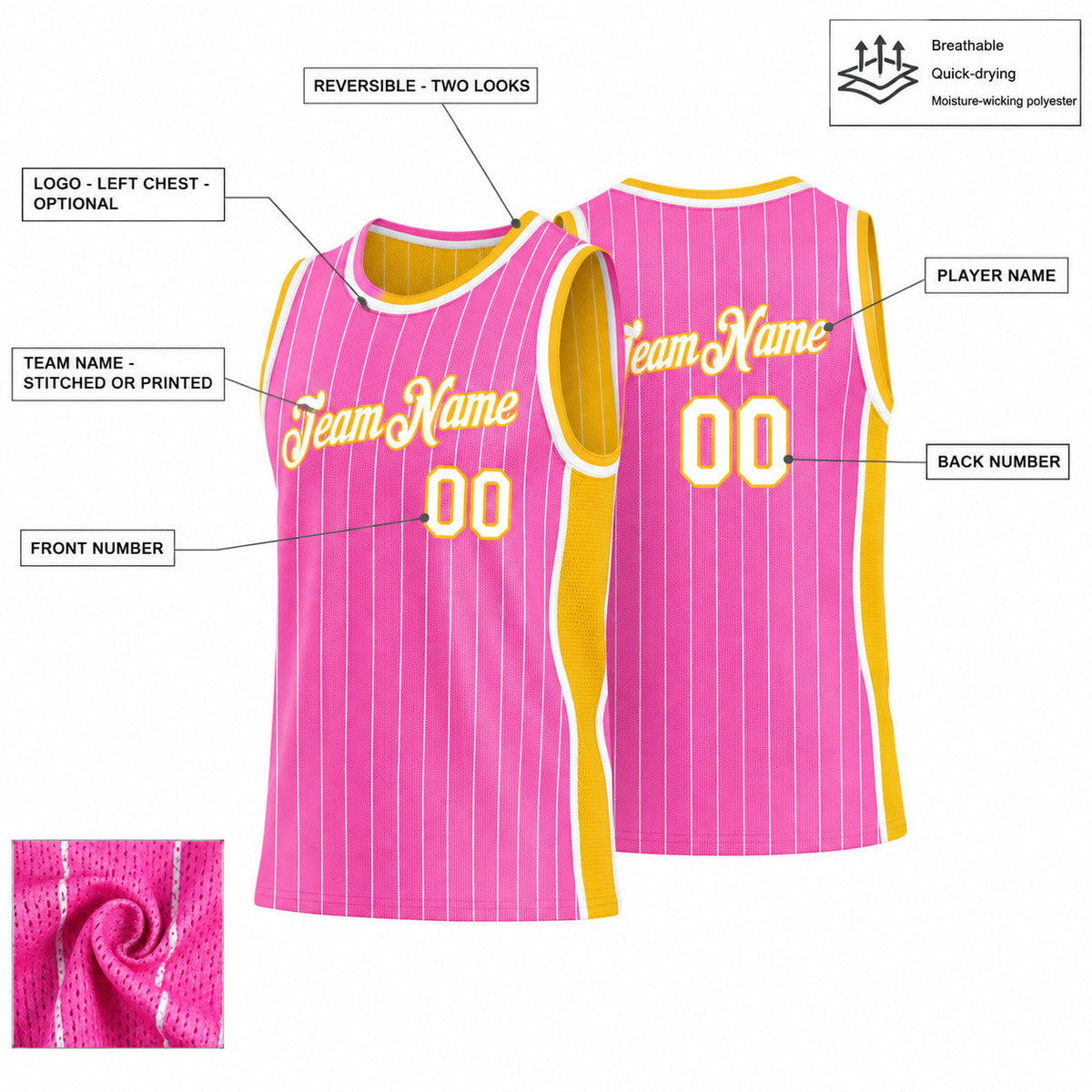 Custom Pink and White Side Panels Pinstripe Reversible Basketball Jersey Set with Gold Lettering customization guide