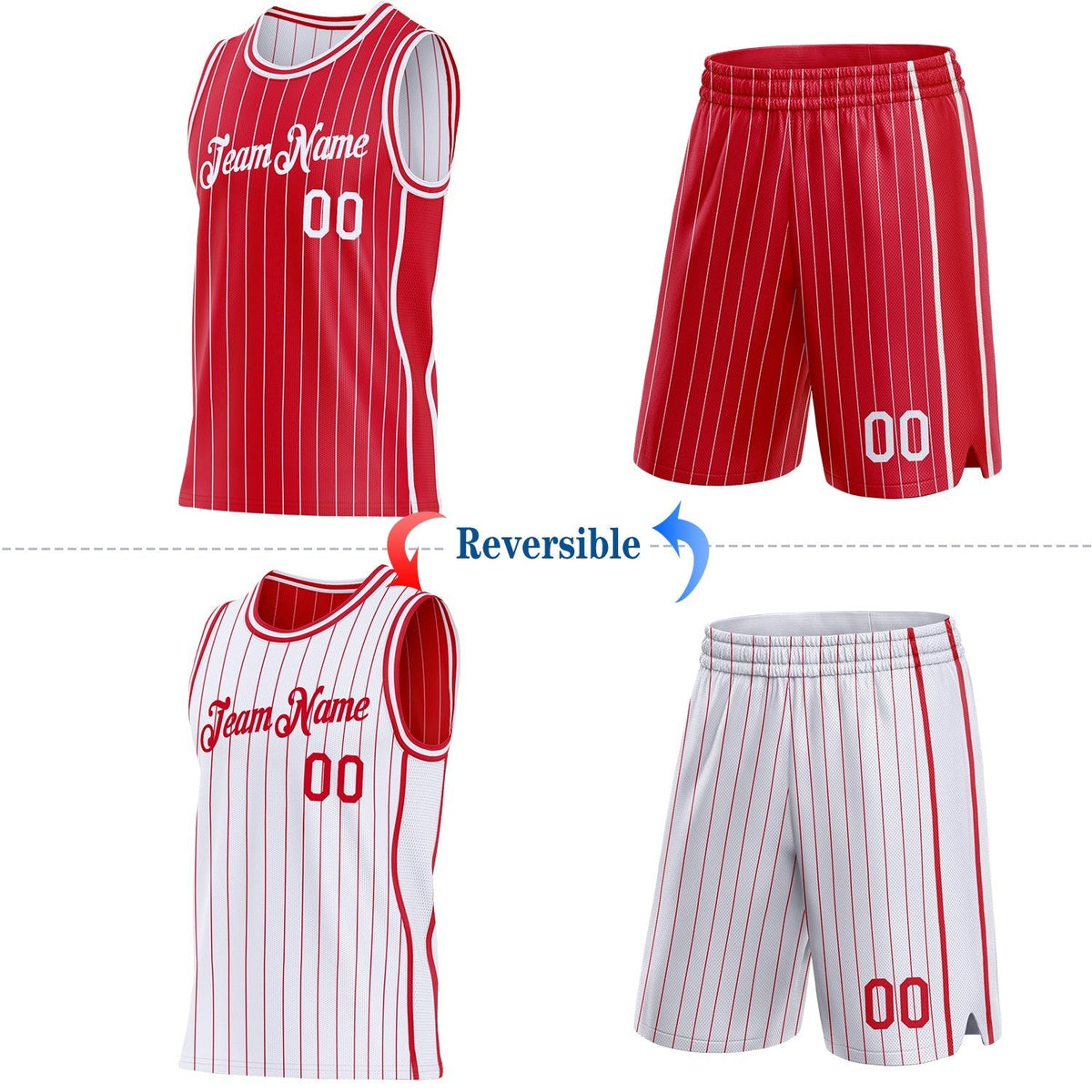 Custom Red White Pinstripe Side Panels Reversible Double Side Sublimation Basketball Set Jersey photo 2
