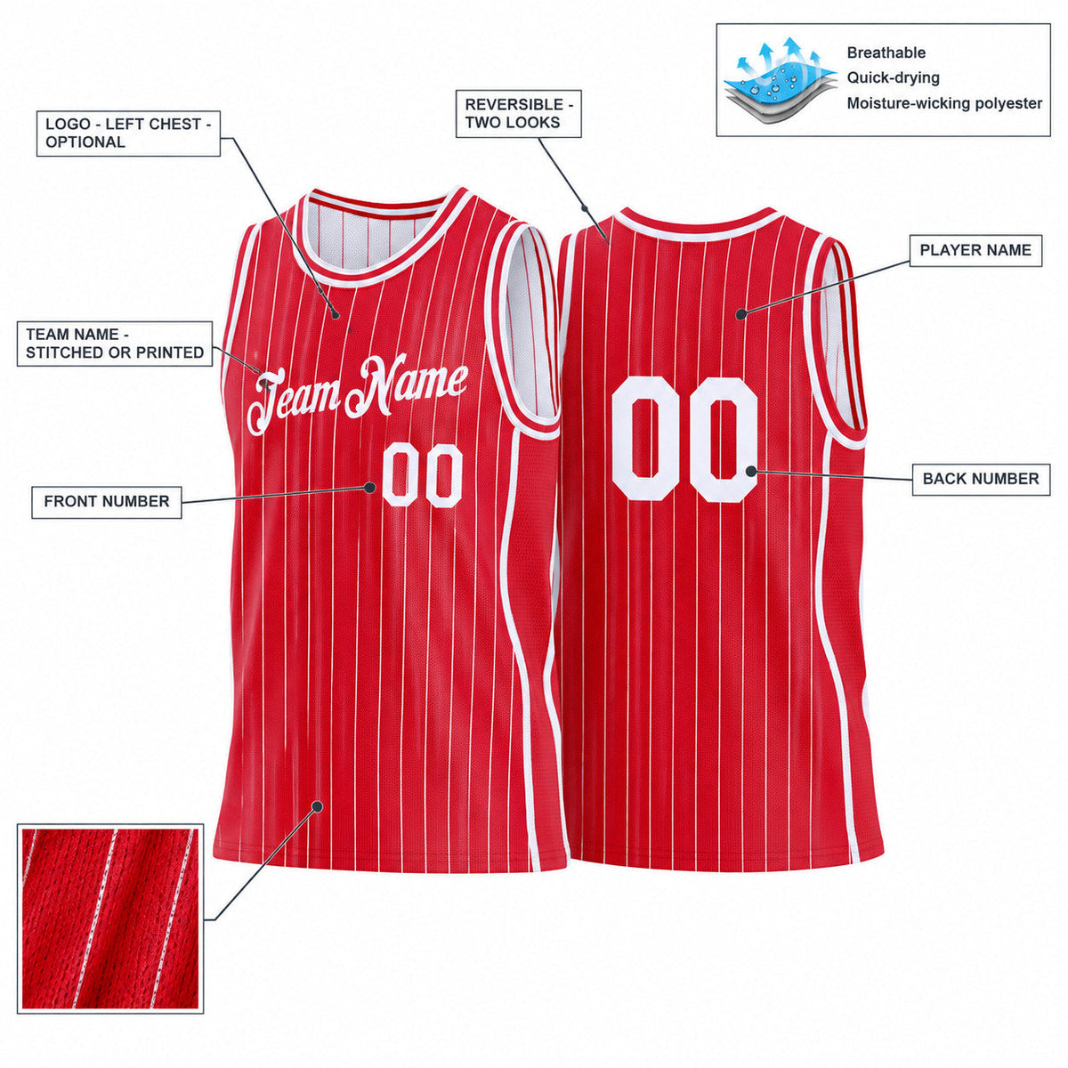 Custom Red Side Panels Pinstripe Reversible Basketball Jersey Set with White Lettering customization guide