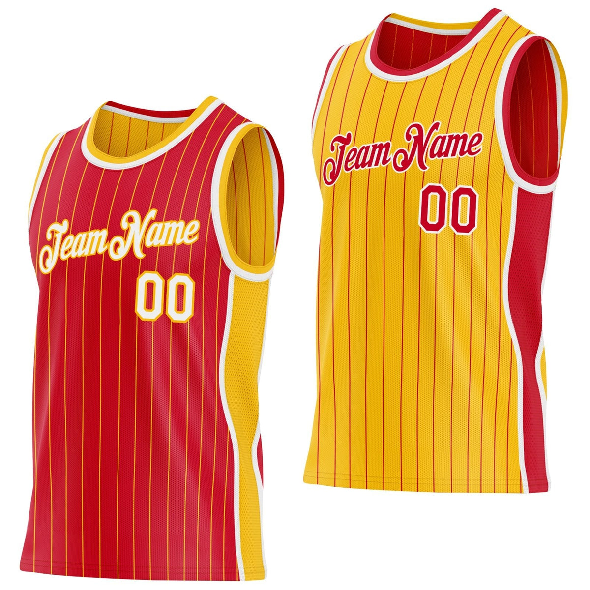 Custom Red Gold Pinstripe-White Side Panels Reversible Double Side Sublimation Basketball Set Jersey