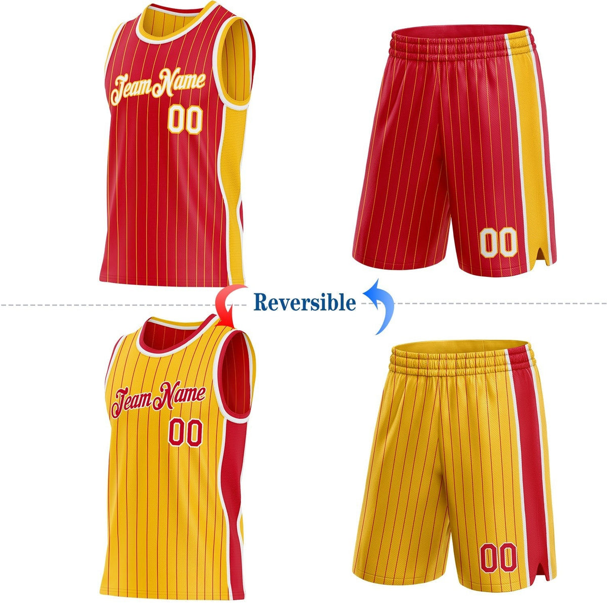 Custom Red Gold Pinstripe-White Side Panels Reversible Double Side Sublimation Basketball Set Jersey photo 2