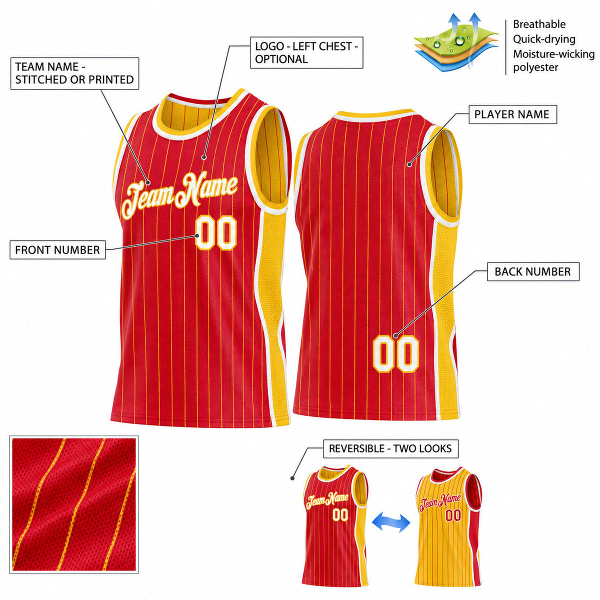 Custom Red and Gold Side Panels Pinstripe Reversible Basketball Jersey Set with White Lettering Design 1023 customization guide