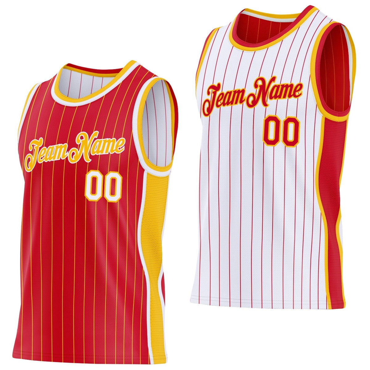 Custom Red Gold Pinstripe-White Side Panels Reversible Double Side Sublimation Basketball Set Jersey