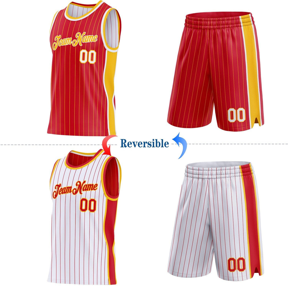 Custom Red Gold Pinstripe-White Side Panels Reversible Double Side Sublimation Basketball Set Jersey photo 2