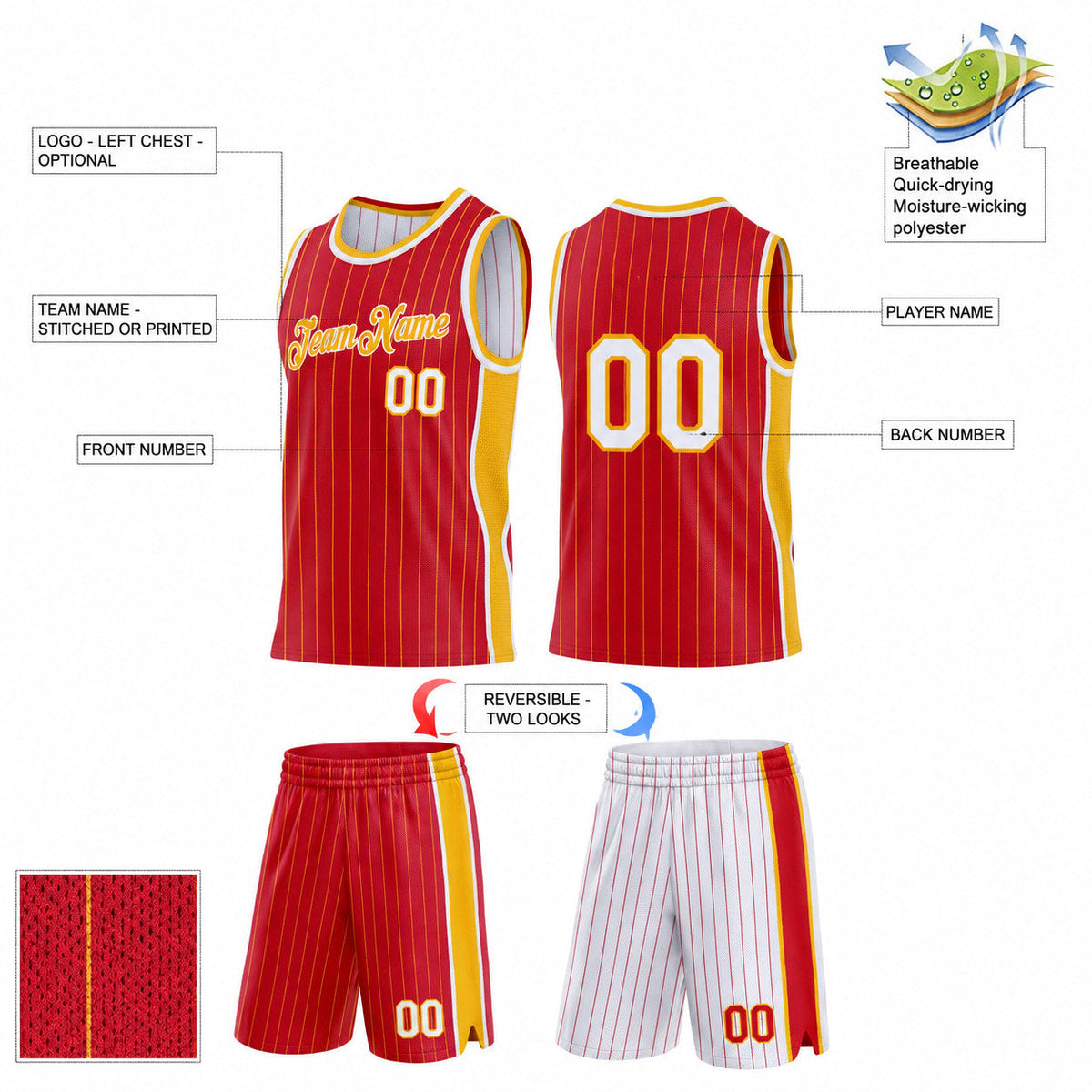 Custom Red and Gold Side Panels Pinstripe Reversible Basketball Jersey Set with White Lettering Design 1024 customization guide