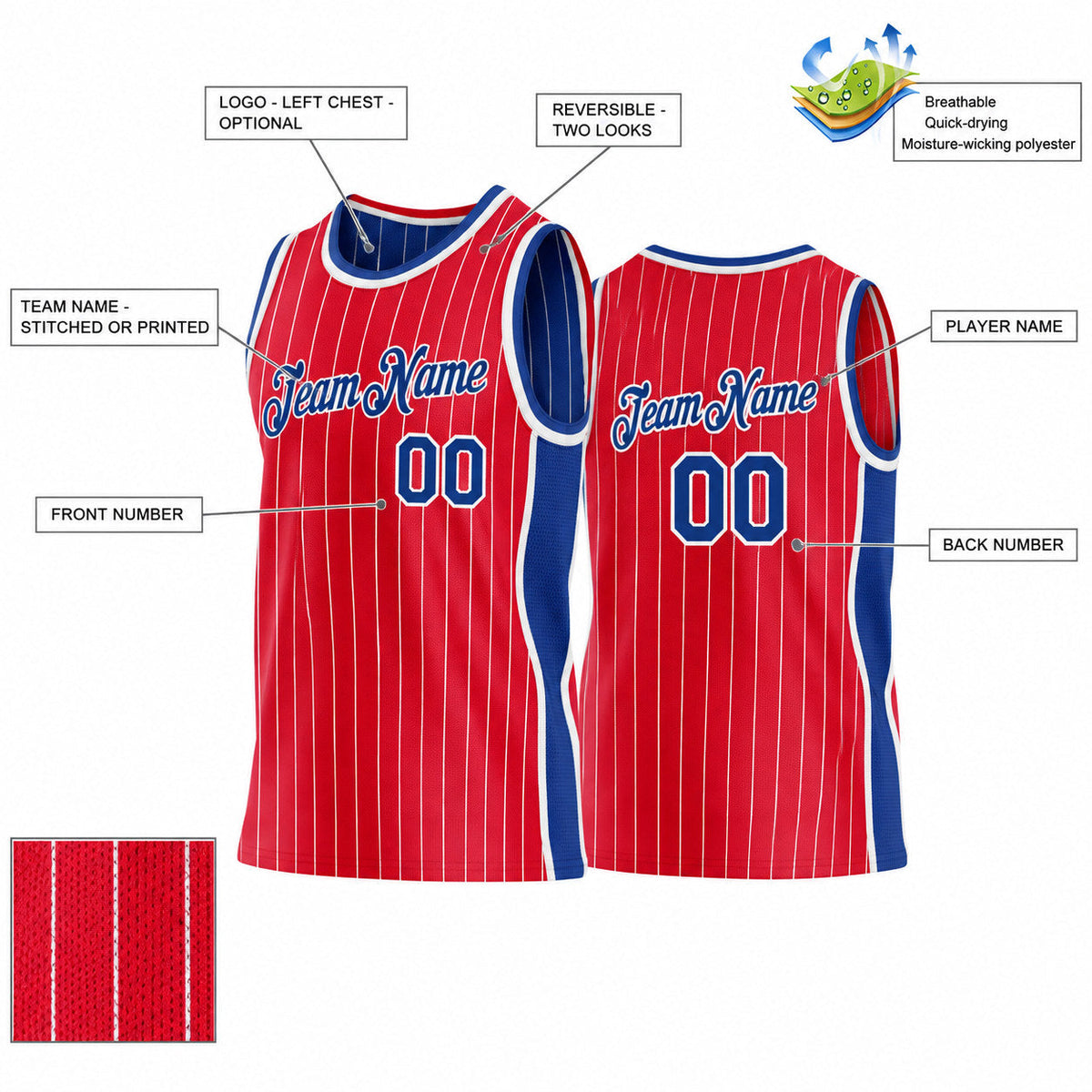 Custom Red and White Side Panels Pinstripe Reversible Basketball Jersey Set with Royal Lettering customization guide