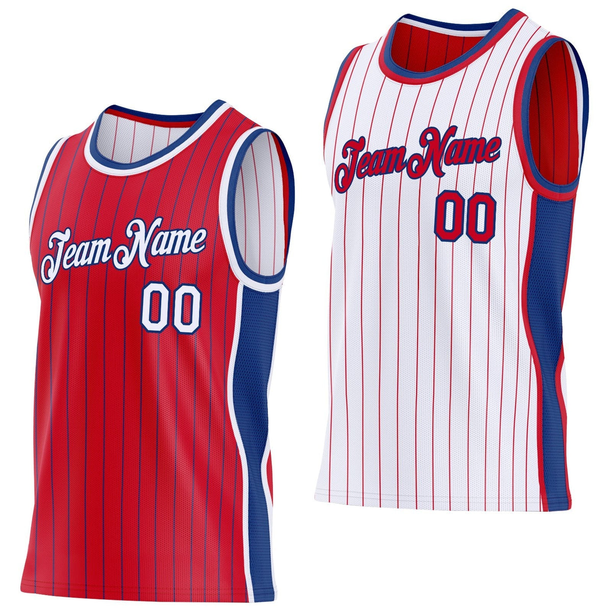 Custom Red Royal Pinstripe-White Side Panels Reversible Double Side Sublimation Basketball Set Jersey