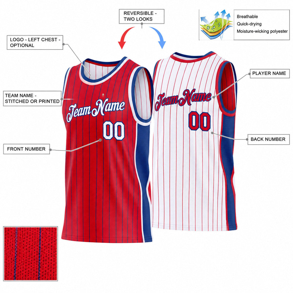 Custom Red and Royal Side Panels Pinstripe Reversible Basketball Jersey Set with White Lettering customization guide