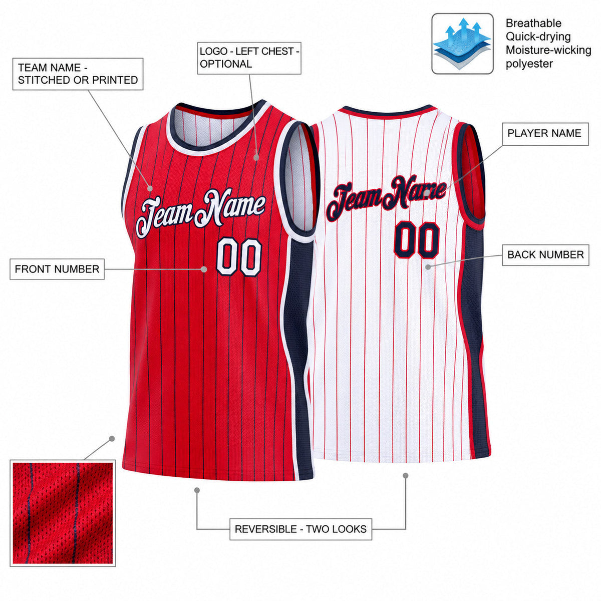 Custom Red and Navy Side Panels Pinstripe Reversible Basketball Jersey Set with White Lettering customization guide