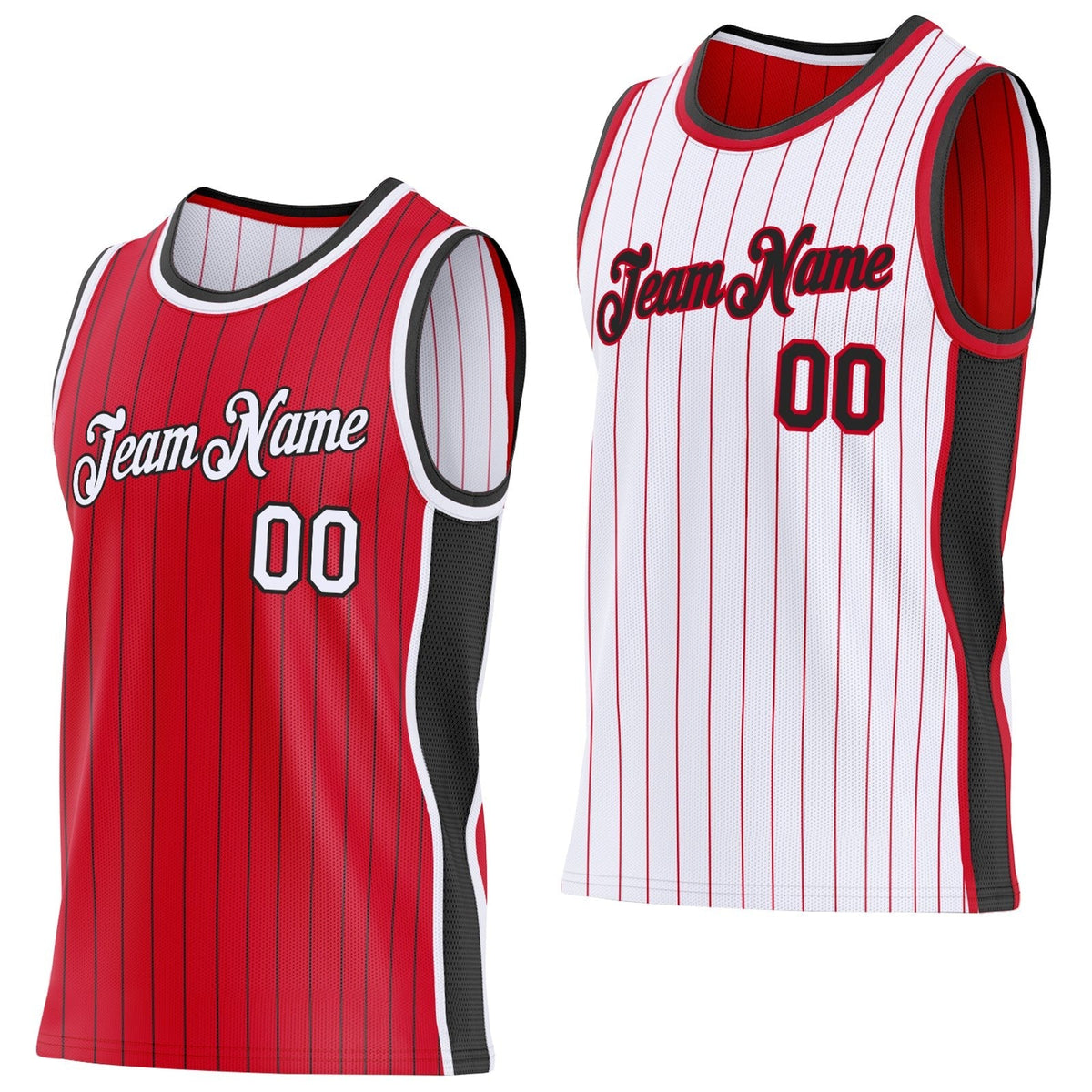 Custom Red Black Pinstripe-White Side Panels Reversible Double Side Sublimation Basketball Set Jersey
