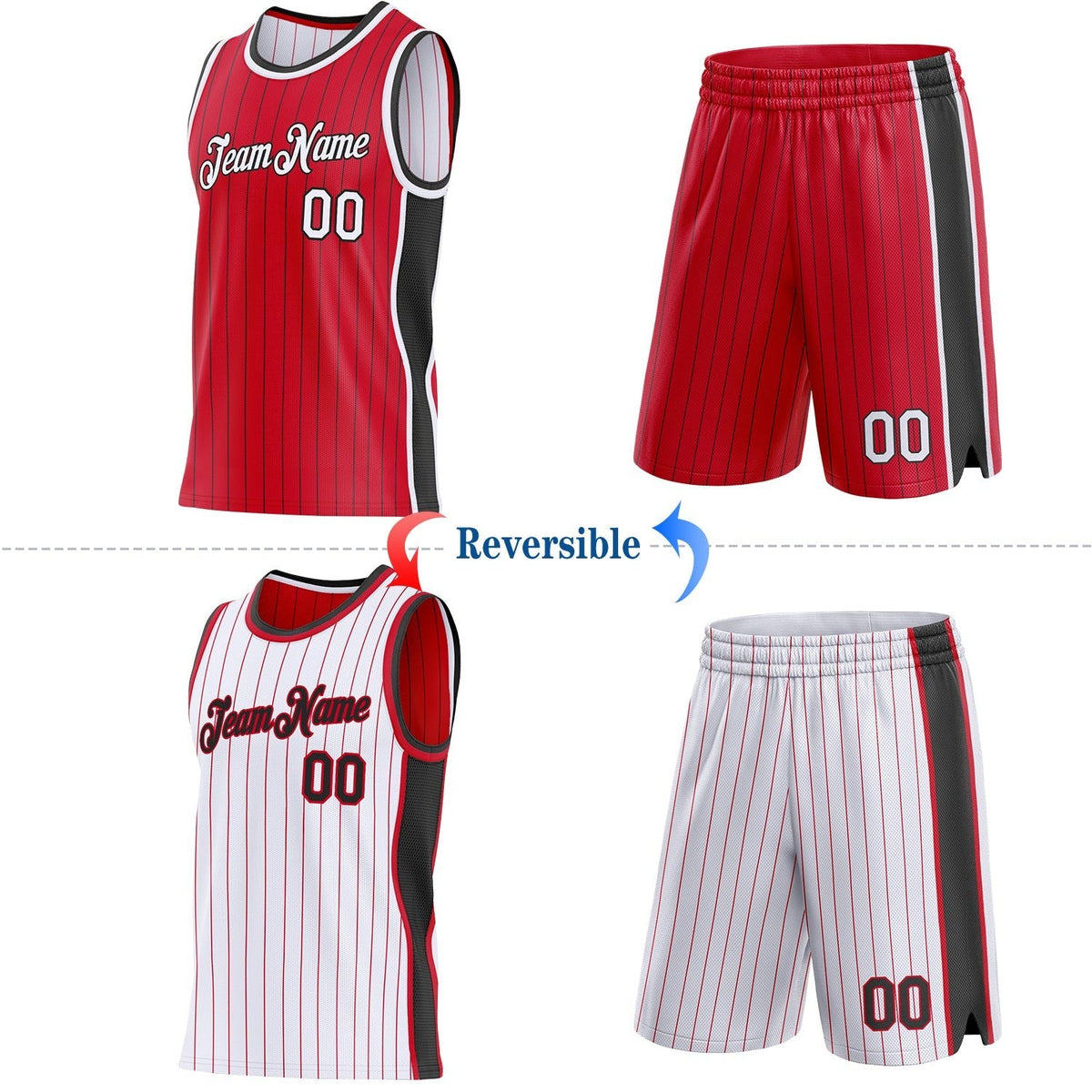 Custom Red Black Pinstripe-White Side Panels Reversible Double Side Sublimation Basketball Set Jersey photo 2