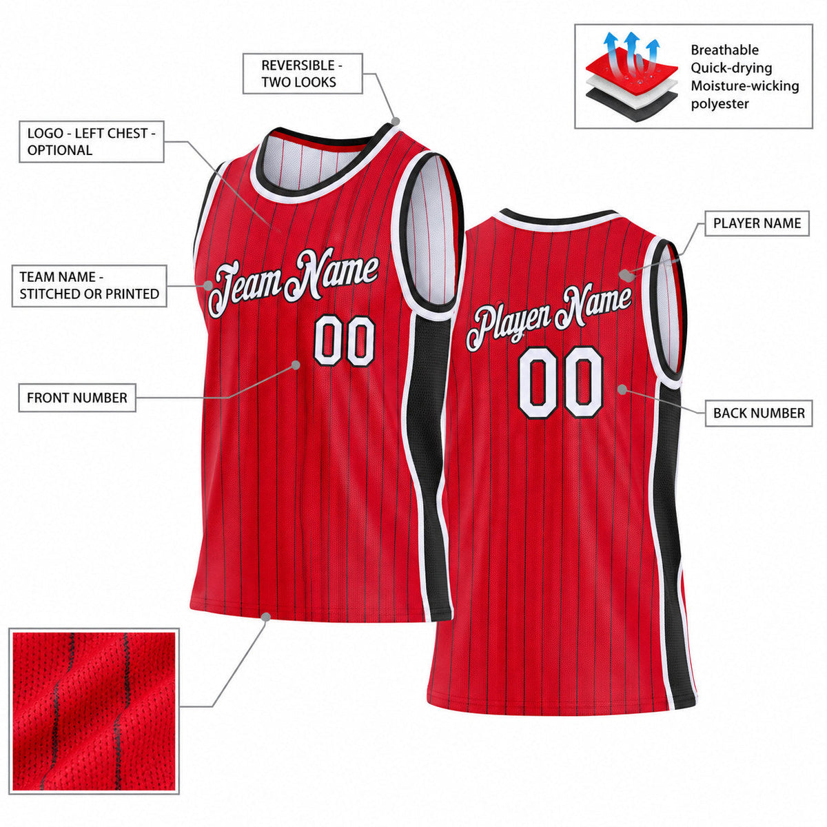 Custom Red and Black Side Panels Pinstripe Reversible Basketball Jersey Set with White Lettering customization guide