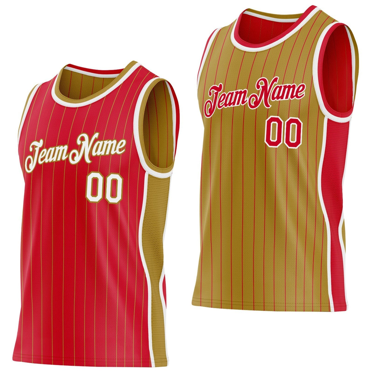 Custom Red Old Gold Pinstripe-White Side Panels Reversible Double Side Sublimation Basketball Set Jersey
