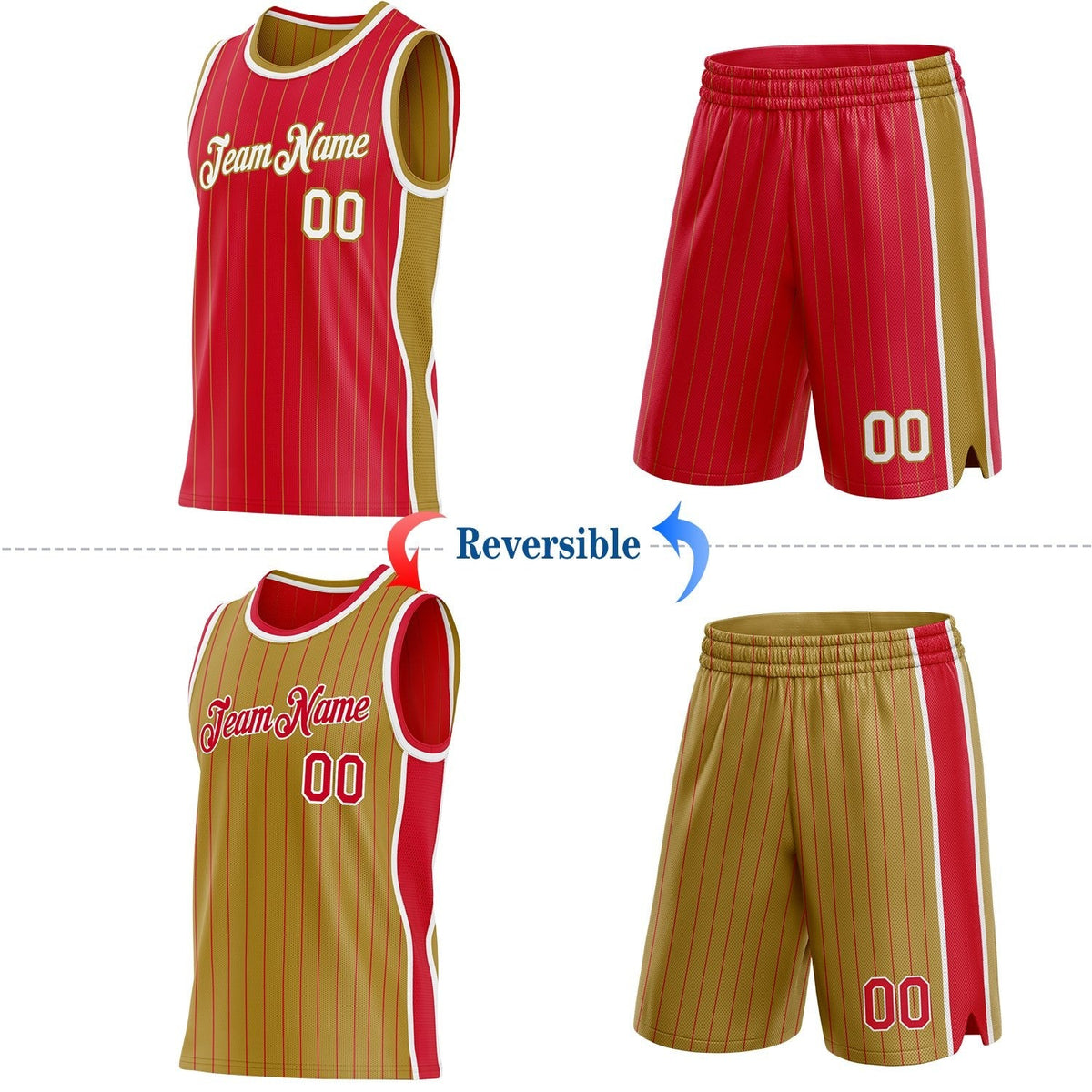 Custom Red Old Gold Pinstripe-White Side Panels Reversible Double Side Sublimation Basketball Set Jersey photo 2