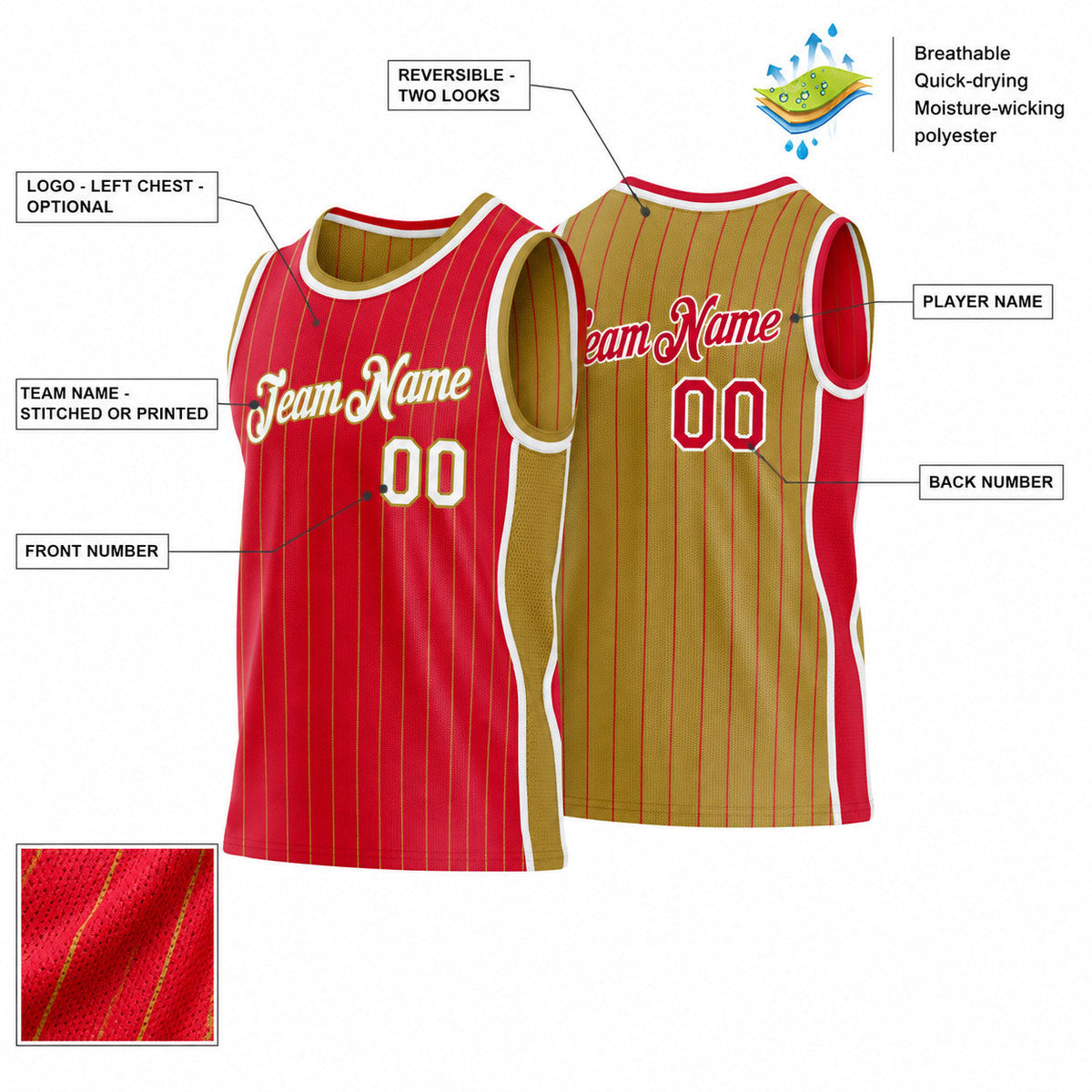 Custom Red and Old Gold Side Panels Pinstripe Reversible Basketball Jersey Set with White Lettering customization guide