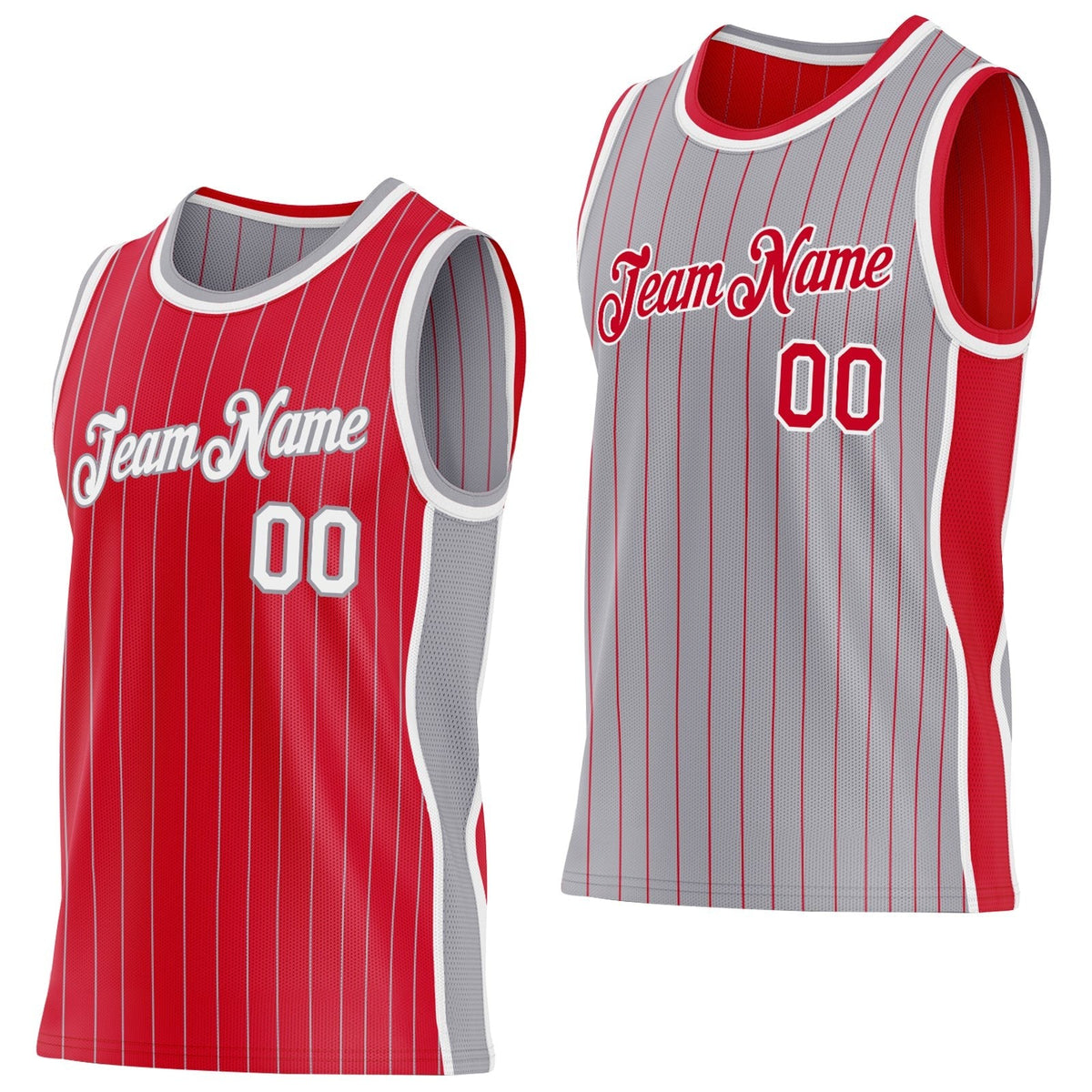 Custom Red Gray Pinstripe-White Side Panels Reversible Double Side Sublimation Basketball Set Jersey