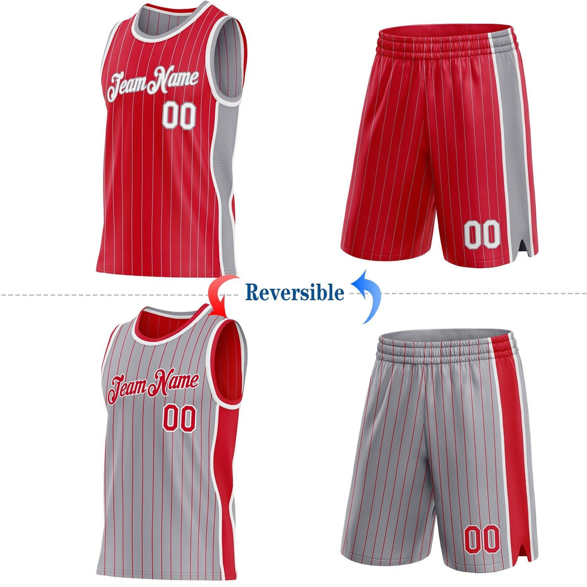 Custom Red Gray Pinstripe-White Side Panels Reversible Double Side Sublimation Basketball Set Jersey photo 2