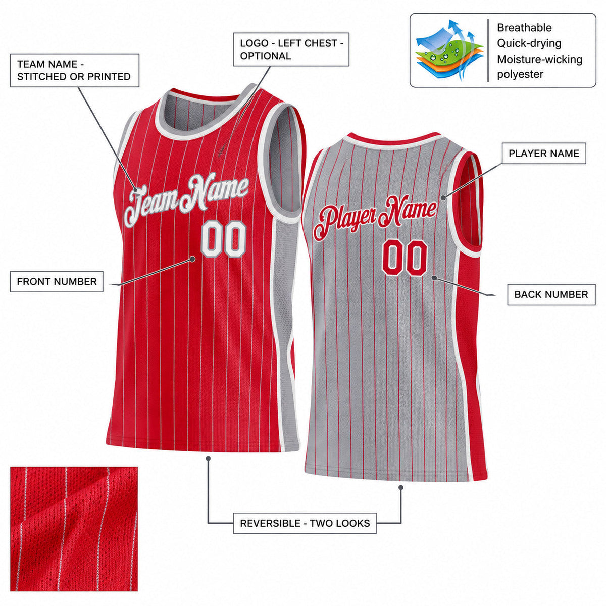 Custom Red and Gray Side Panels Pinstripe Reversible Basketball Jersey Set with White Lettering customization guide