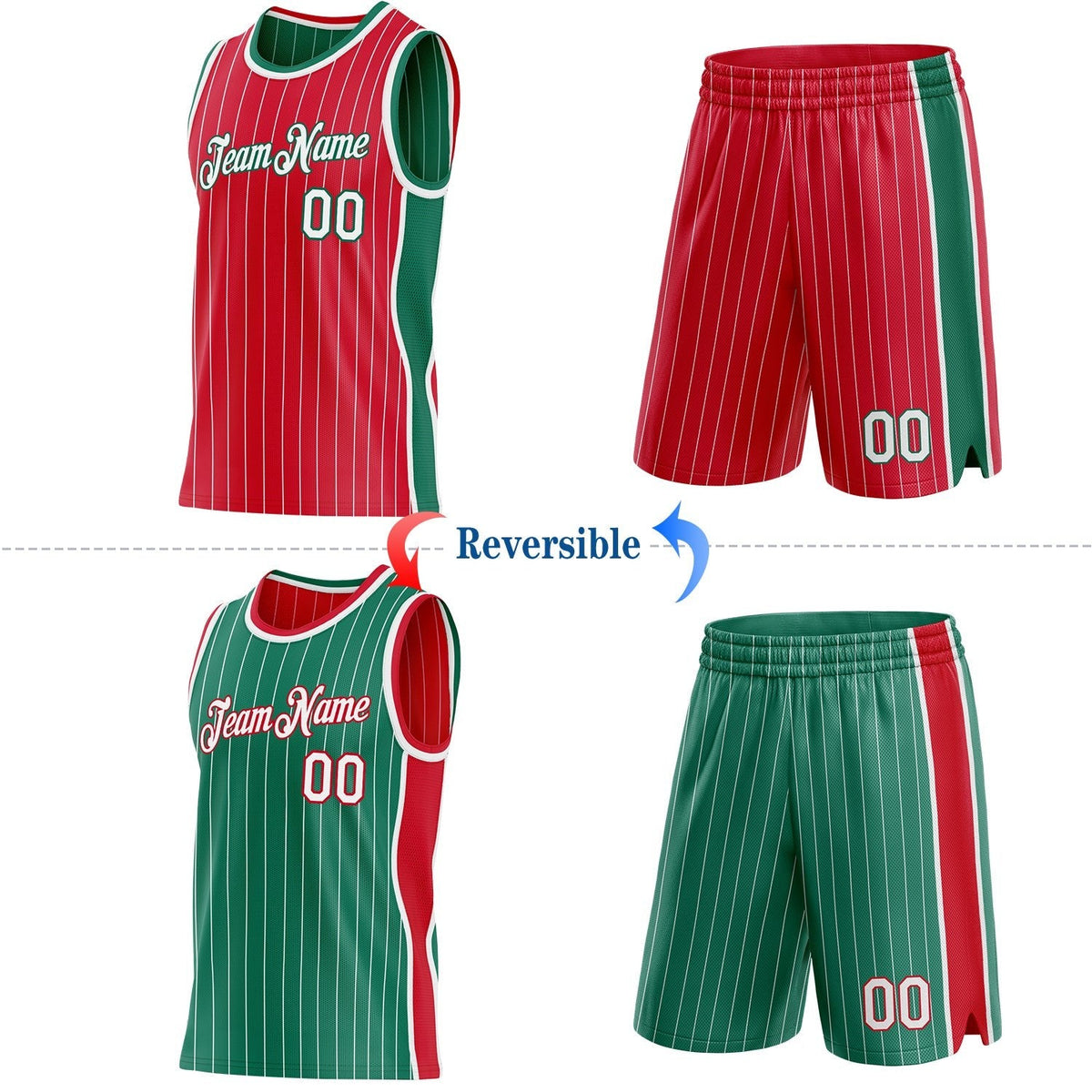 Custom Red White Pinstripe-Kelly Green Side Panels Reversible Double Side Sublimation Basketball Set Jersey photo 2