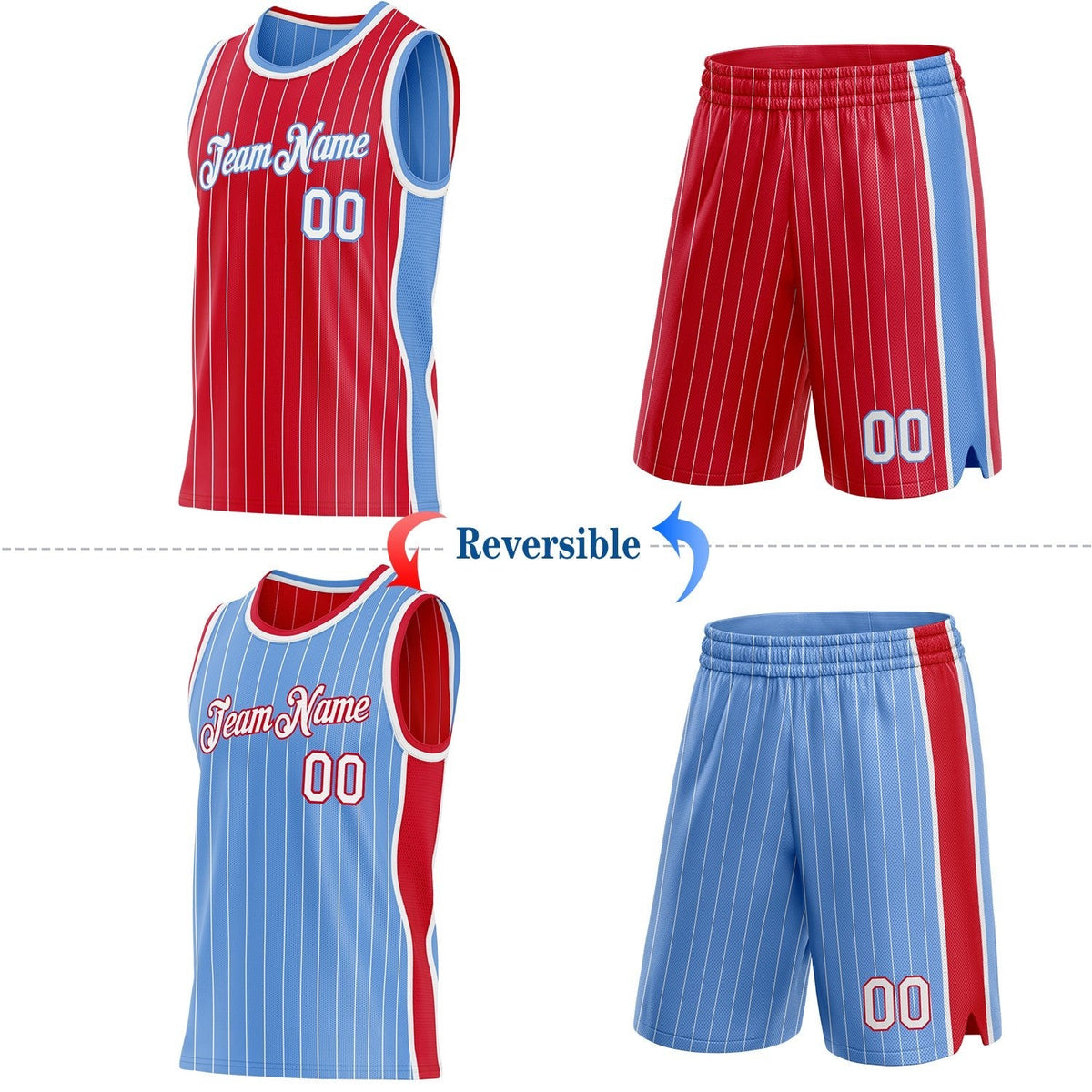 Custom Red White Pinstripe-Light Blue Side Panels Reversible Double Side Sublimation Basketball Set Jersey photo 2