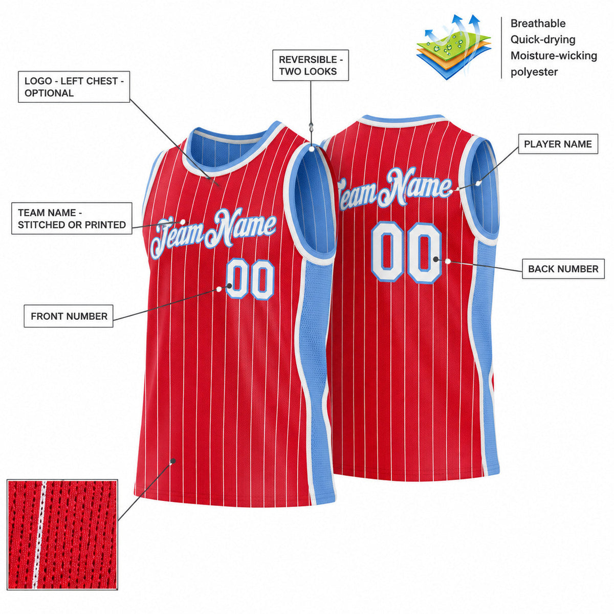 Custom Red and White Side Panels Basketball Jersey Set with Light Blue Lettering customization guide