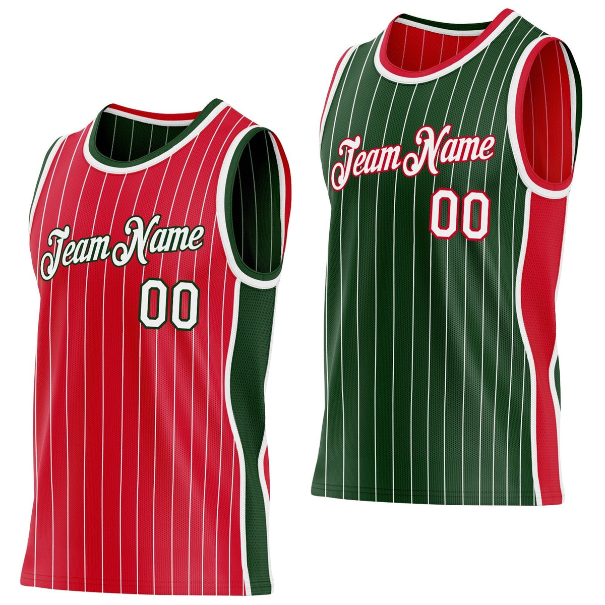 Custom Red White Pinstripe-Green Side Panels Reversible Double Side Sublimation Basketball Set Jersey