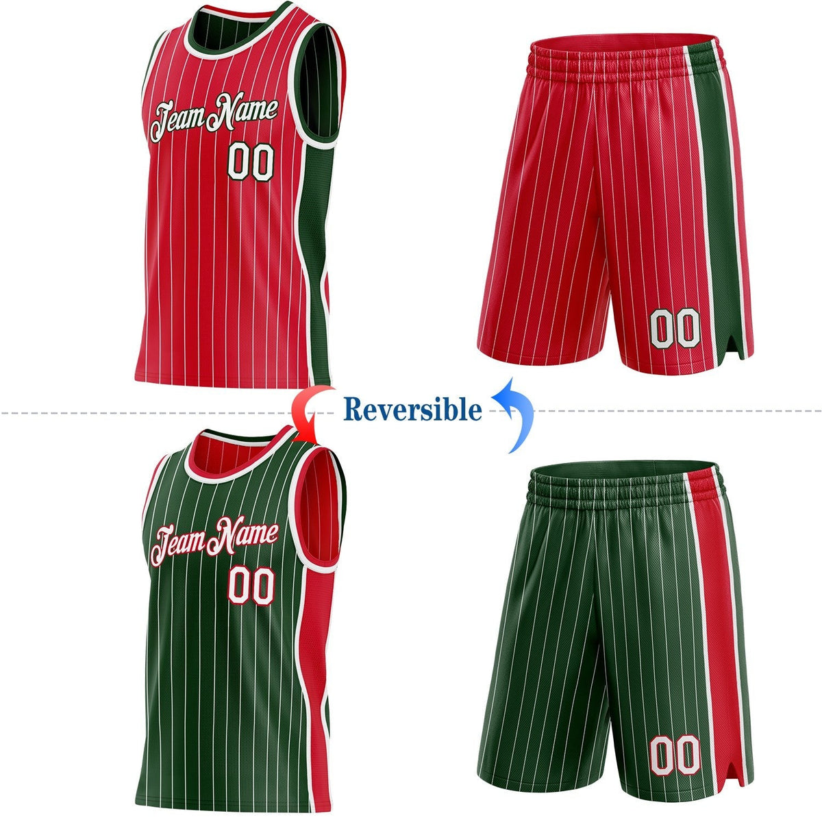 Custom Red White Pinstripe-Green Side Panels Reversible Double Side Sublimation Basketball Set Jersey photo 2